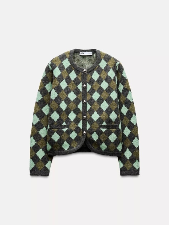 Zara Sweaters - Zara Mint Green & Olive Argyle Knit Cardigan